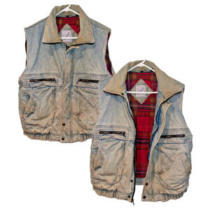 Vtg 90s Streetwear Mens L Distressed Flannel Lined Acid Wash Denim Vest Jacket